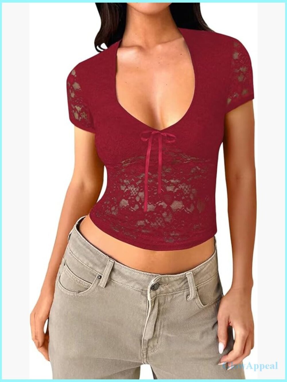 Lace Long Sleeve Crop Top Deep V-Neck Bow Tie Y2K Sexy Going Out Tee